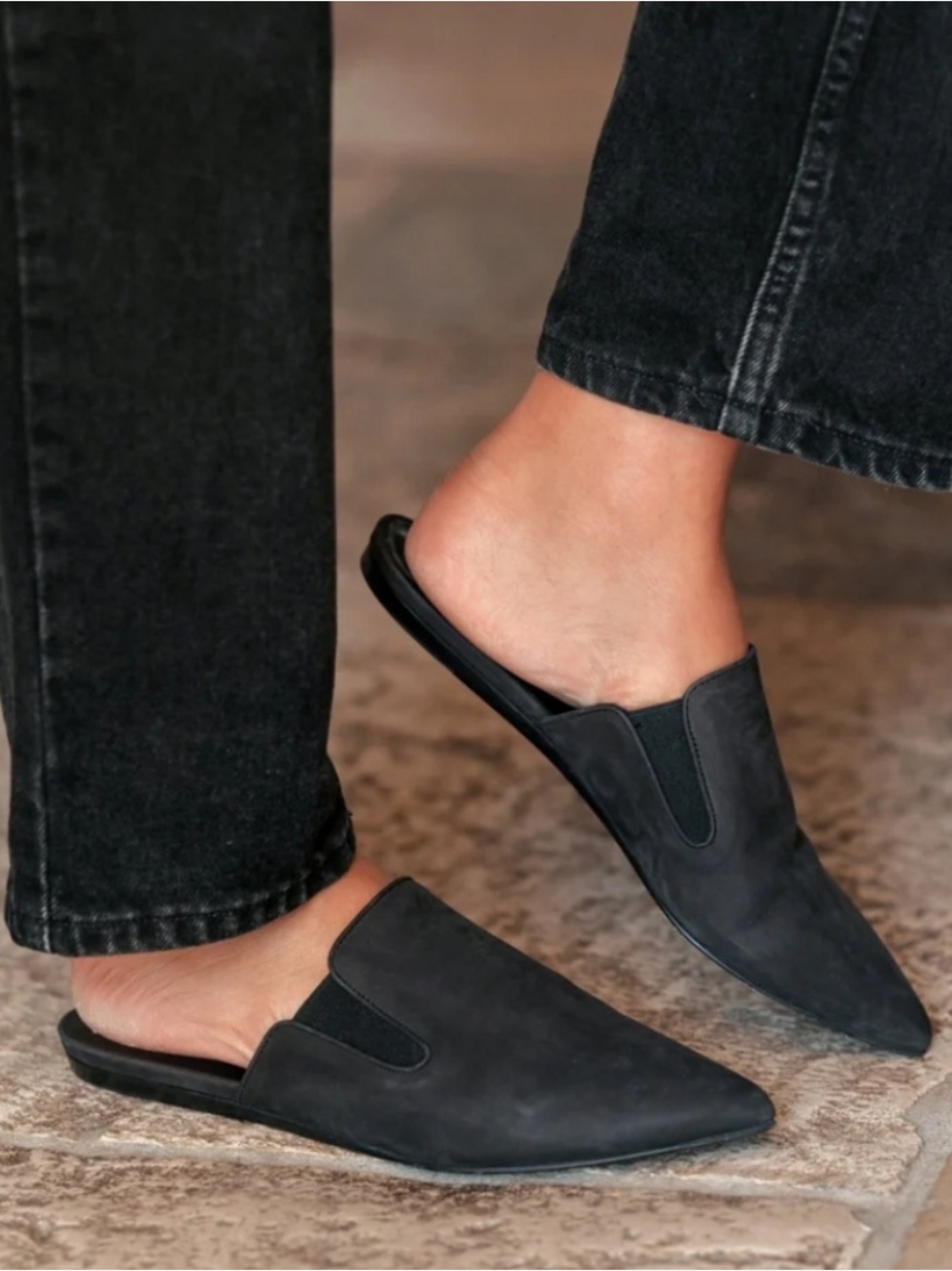 Jenni Kayne black suede pointed toe mules